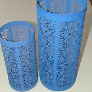 Two Metal Blue Vases, approx. 5"Wx10"H and has candleholder plus open 6"Wx15"H